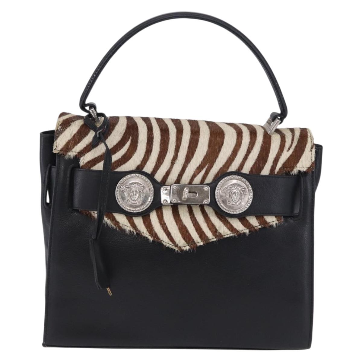 VERSACE Hand Bag Harako Leather Black Silver Auth 199575A