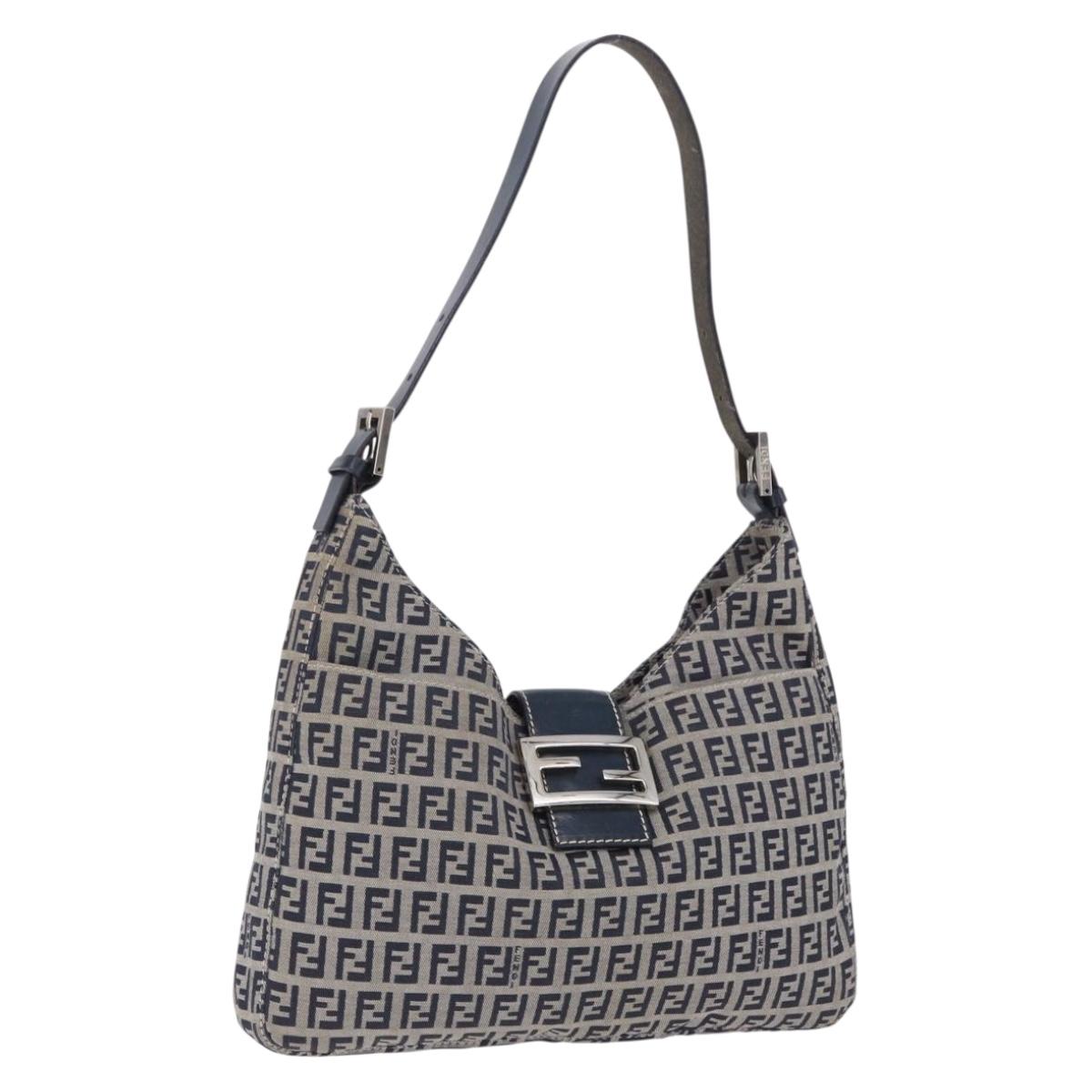 FENDI Zucchino Canvas Mamma Baguette Shoulder Bag Navy Silver Auth 199586V