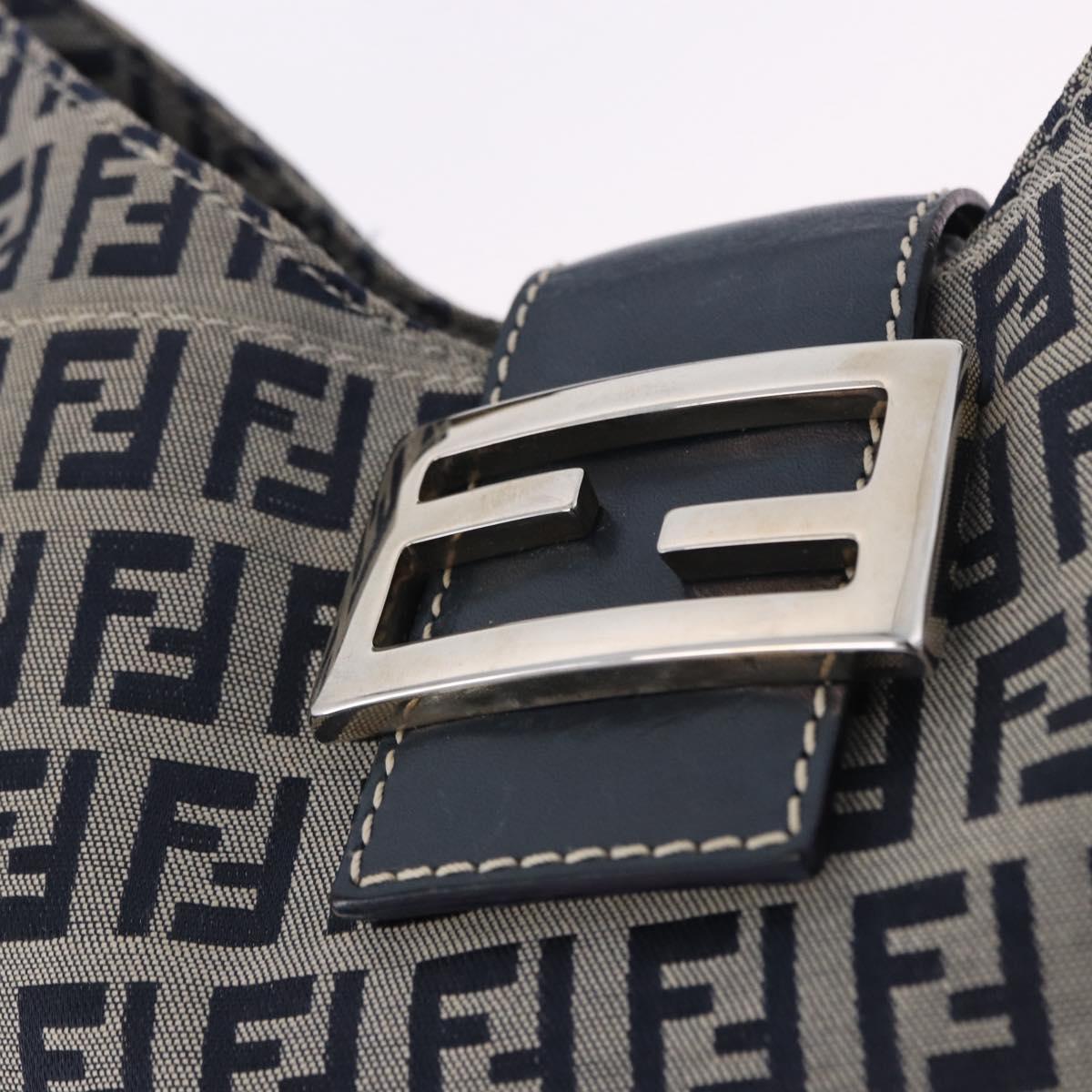 FENDI Zucchino Canvas Mamma Baguette Shoulder Bag Navy Silver Auth 199586V