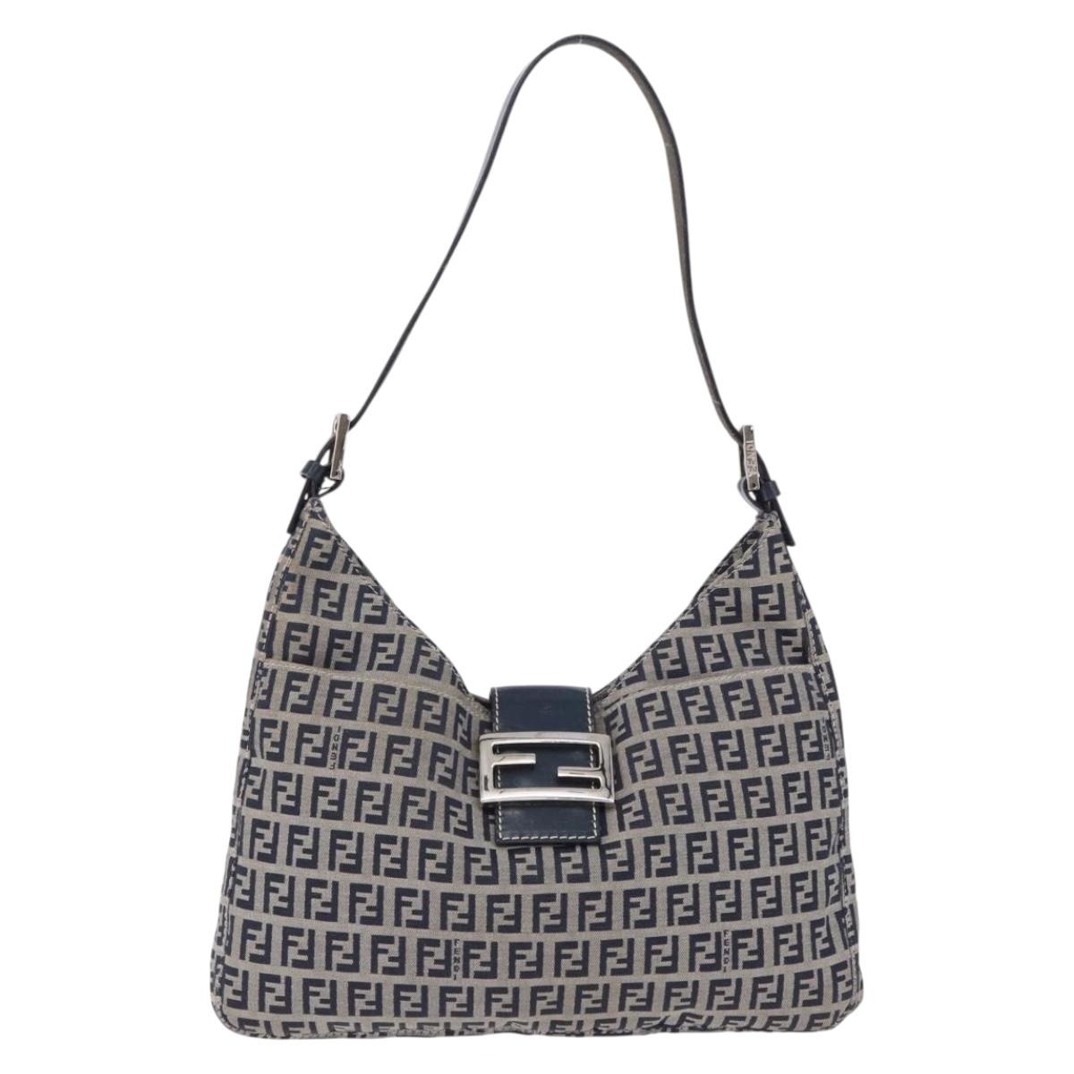 FENDI Zucchino Canvas Mamma Baguette Shoulder Bag Navy Silver Auth 199586V