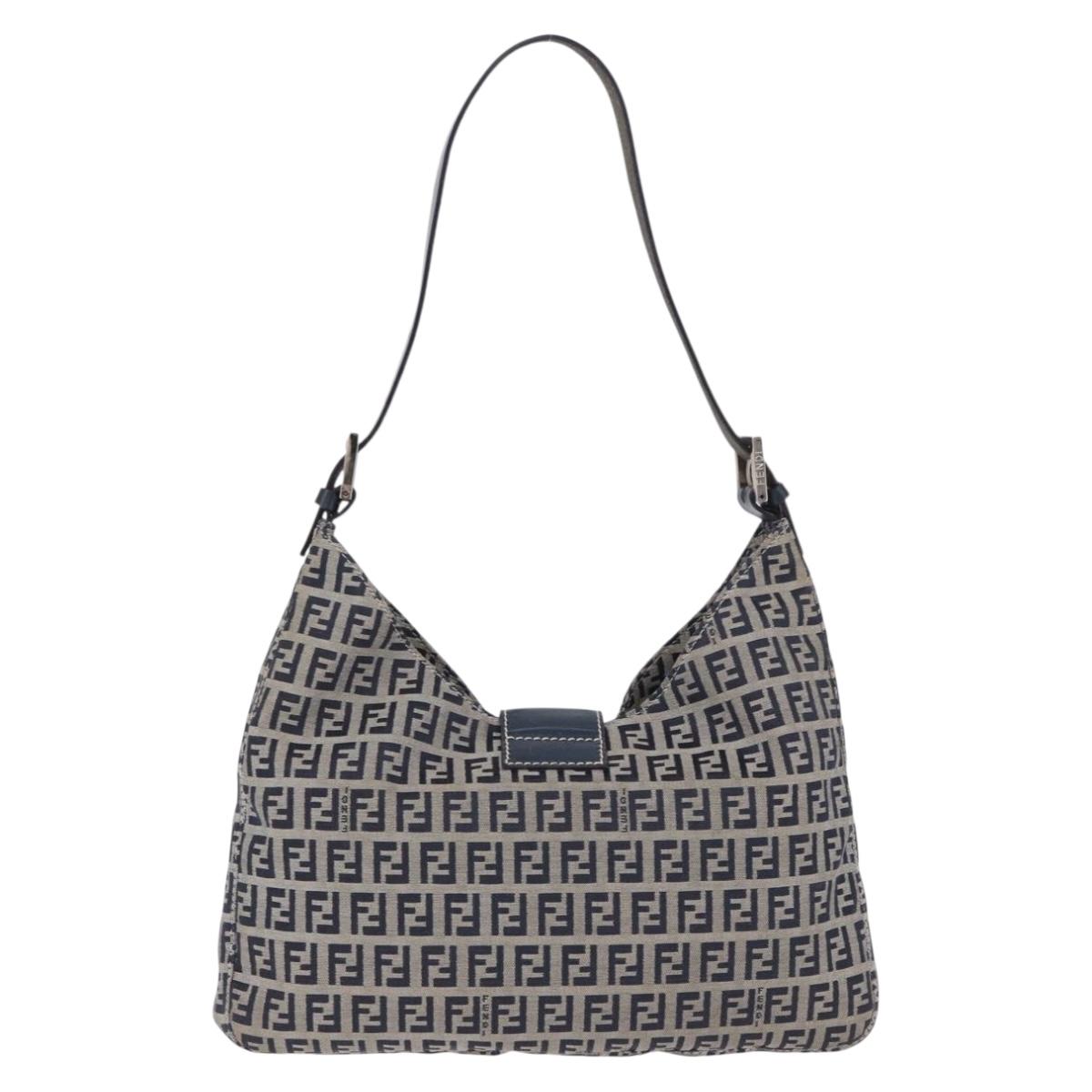 FENDI Zucchino Canvas Mamma Baguette Shoulder Bag Navy Silver Auth 199586V