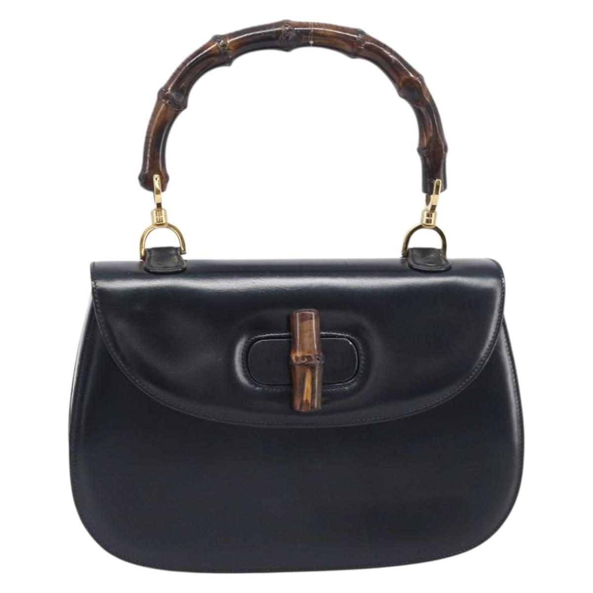 GUCCI Bamboo Hand Bag Leather Black Gold 99 00 0633 Auth 199588V