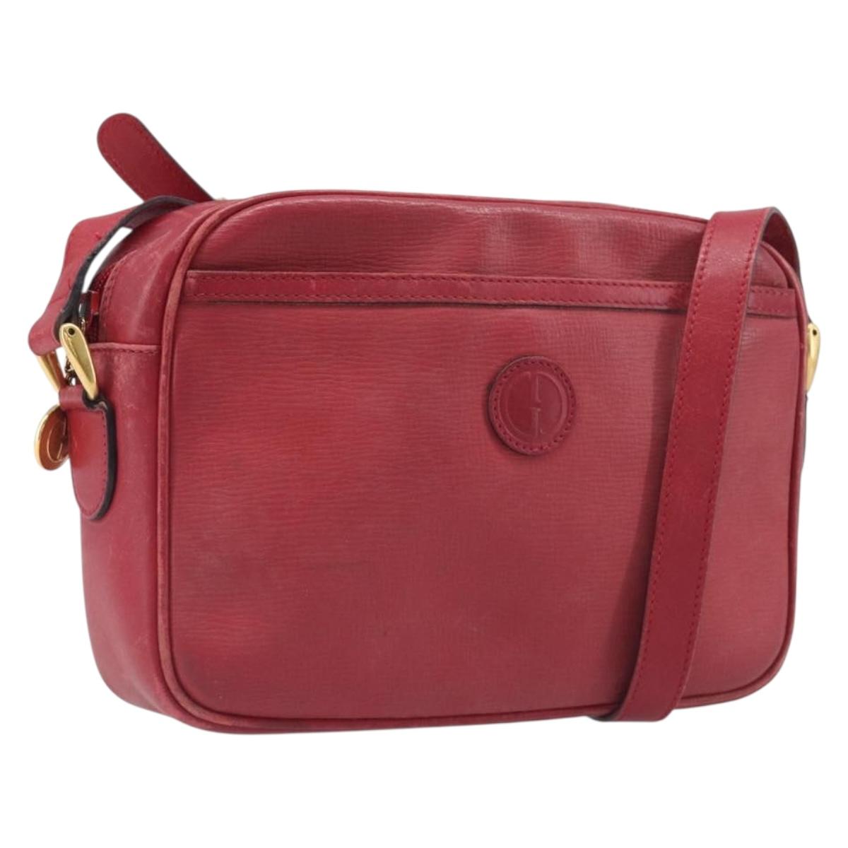 GUCCI Shoulder Bag Leather Red Gold Auth 199603