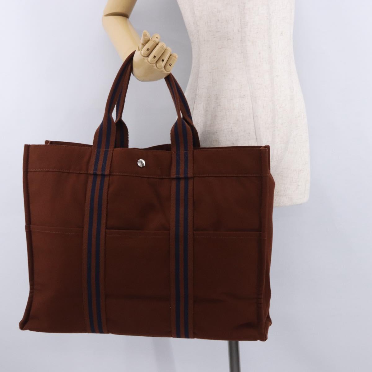 HERMES Fourre Tout GM Hand Bag Canvas Brown Silver Auth 199606A