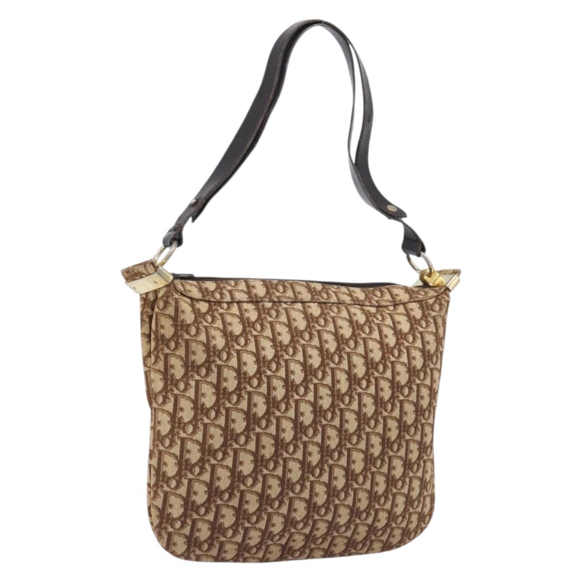 Christian Dior Trotter Canvas Shoulder Bag Beige Gold Auth 199611