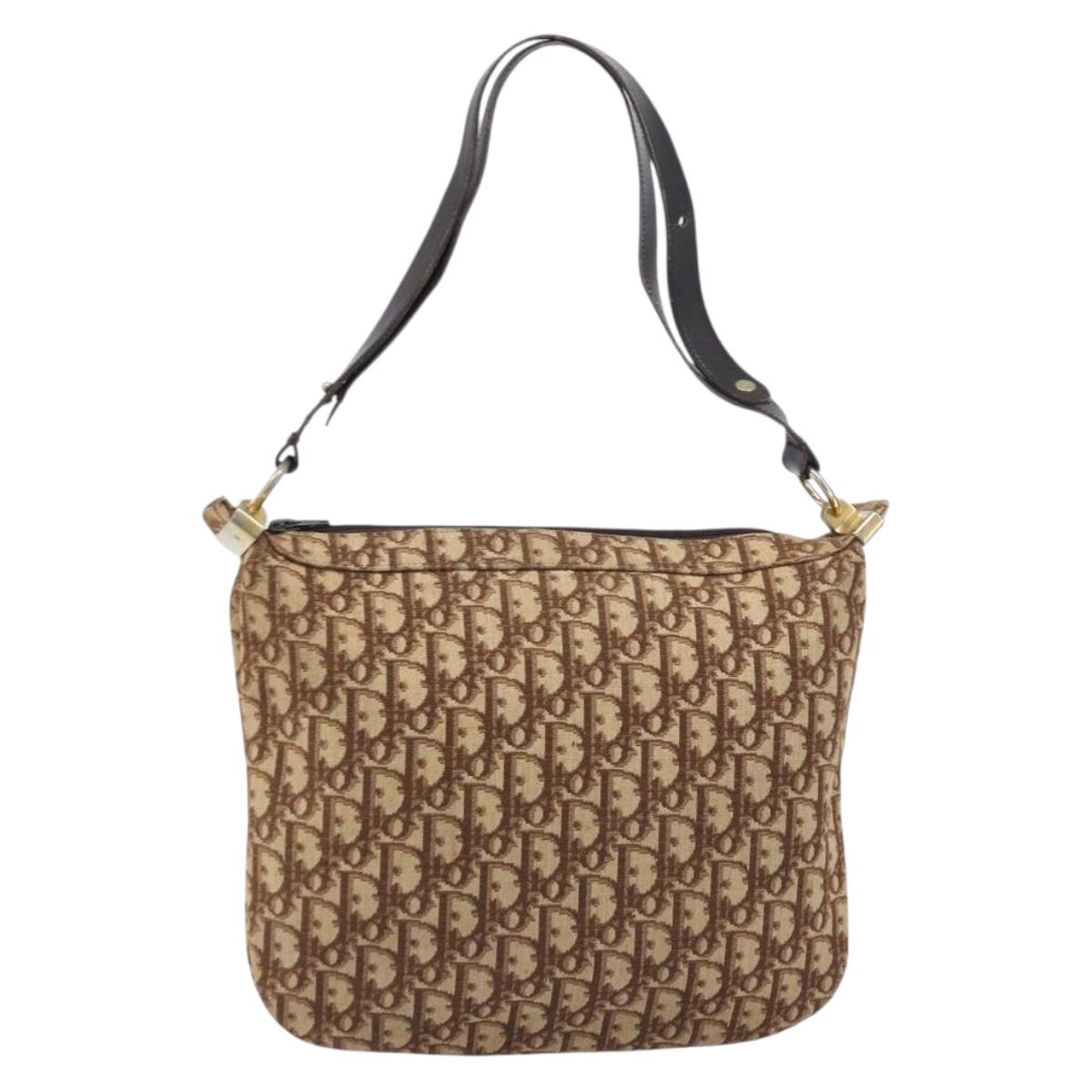 Christian Dior Trotter Canvas Shoulder Bag Beige Gold Auth 199611
