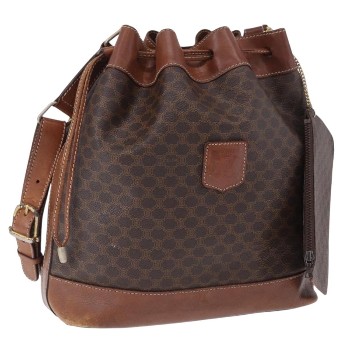 CELINE Macadam Canvas Shoulder Bag PVC Leather Brown Gold Auth 199612