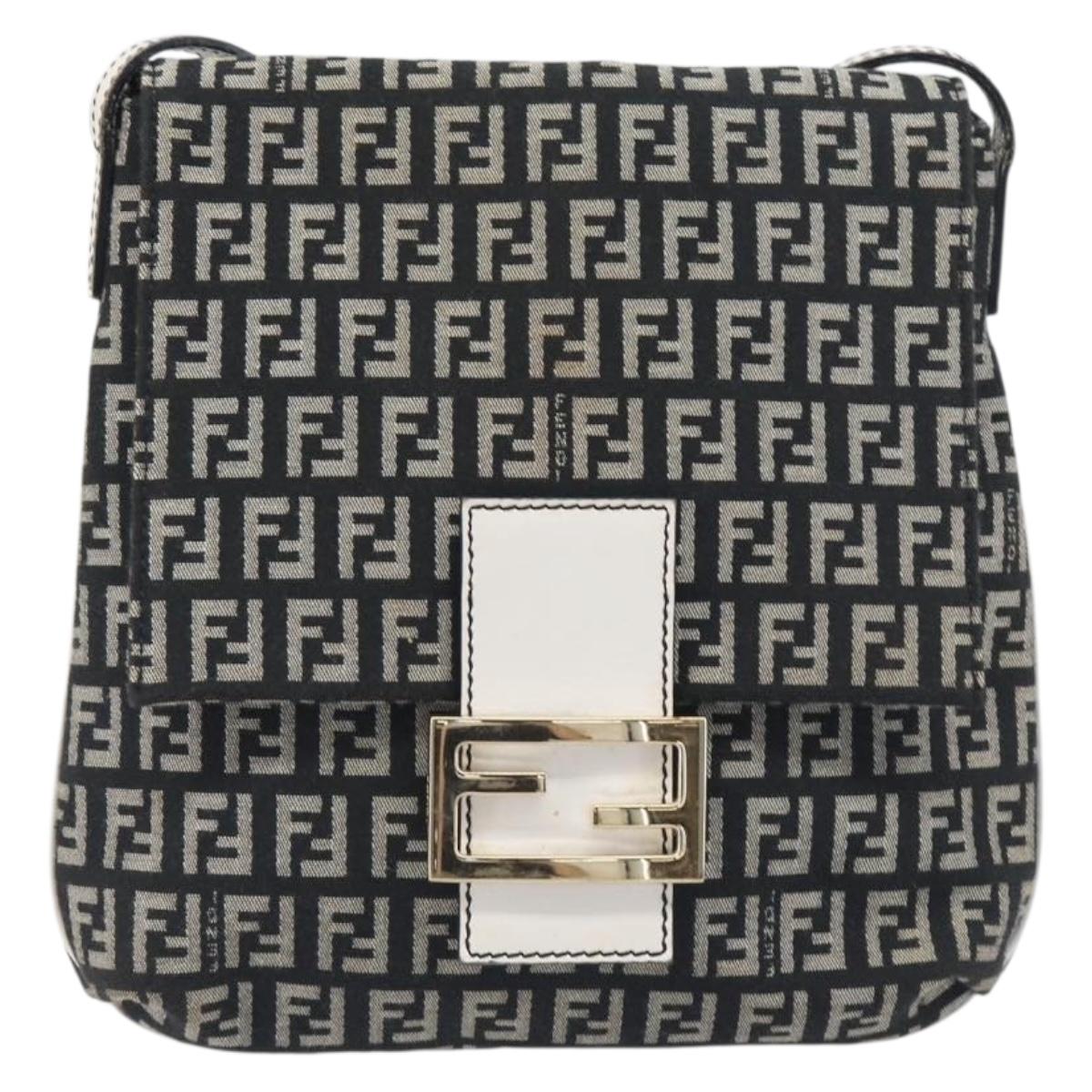 FENDI Zucchino Canvas Mamma Baguette Shoulder Bag Black Gold Auth 199623V