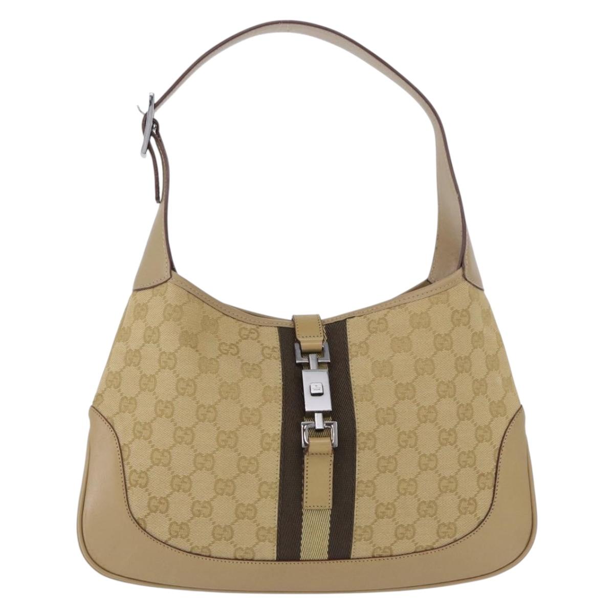 GUCCI GG Canvas Jackie Shoulder Bag Beige Silver 00963 Auth 199624V