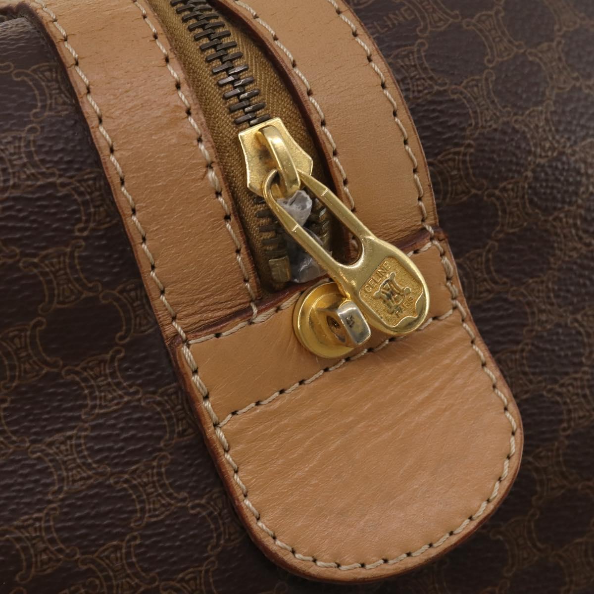 CELINE Macadam Canvas Boston Bag PVC Leather Brown Gold Auth 199626