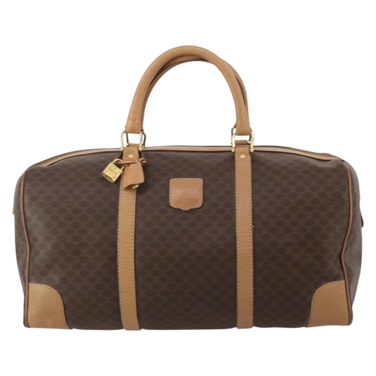 CELINE Macadam Canvas Boston Bag PVC Leather Brown Gold Auth 199626