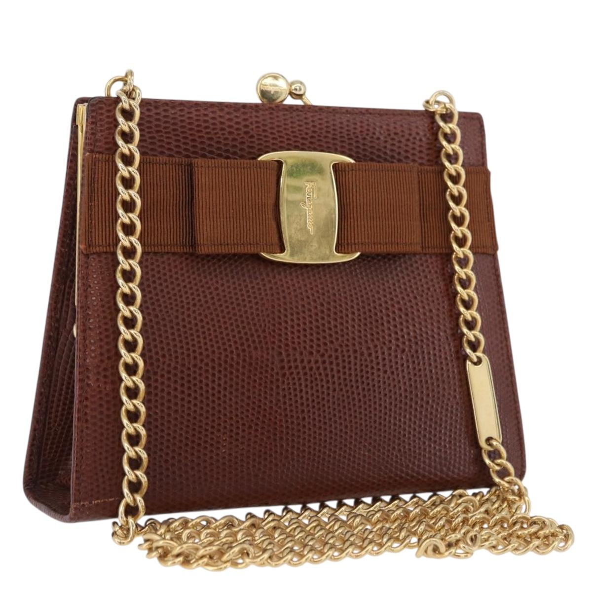 Salvatore Ferragamo Vala Chain Shoulder Bag Leather Brown Gold Auth 199629A
