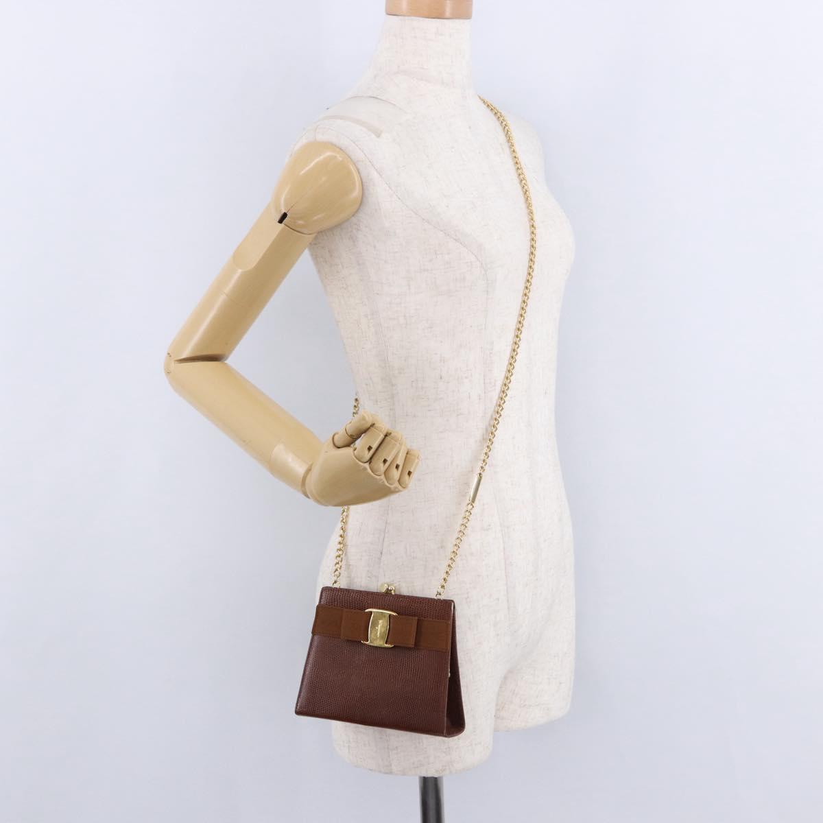 Salvatore Ferragamo Vala Chain Shoulder Bag Leather Brown Gold Auth 199629A