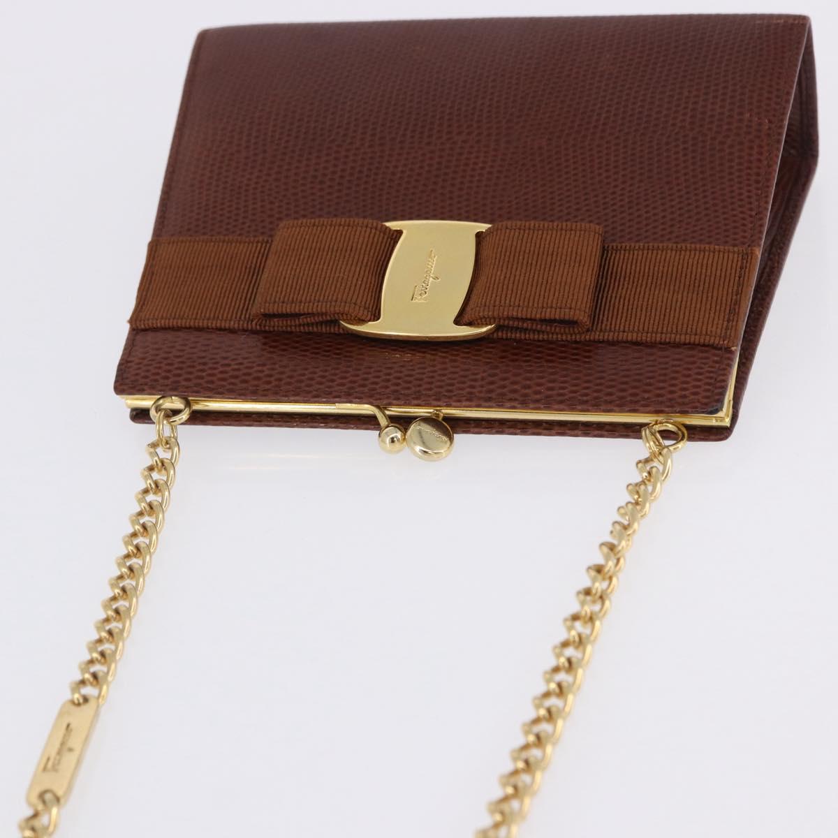 Salvatore Ferragamo Vala Chain Shoulder Bag Leather Brown Gold Auth 199629A
