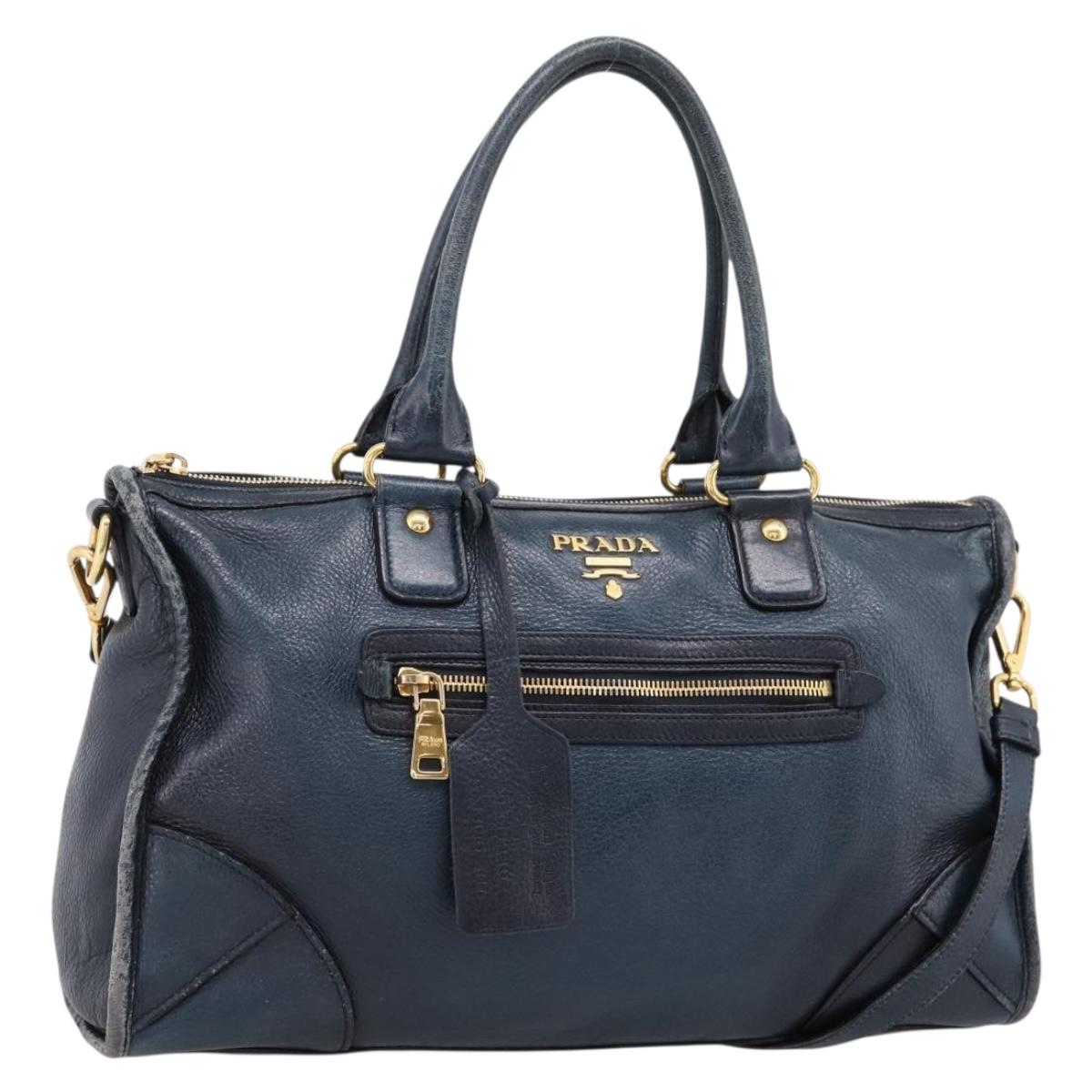 PRADA Hand Bag Vittero Dino Leather 2way Navy Gold Auth 199634A