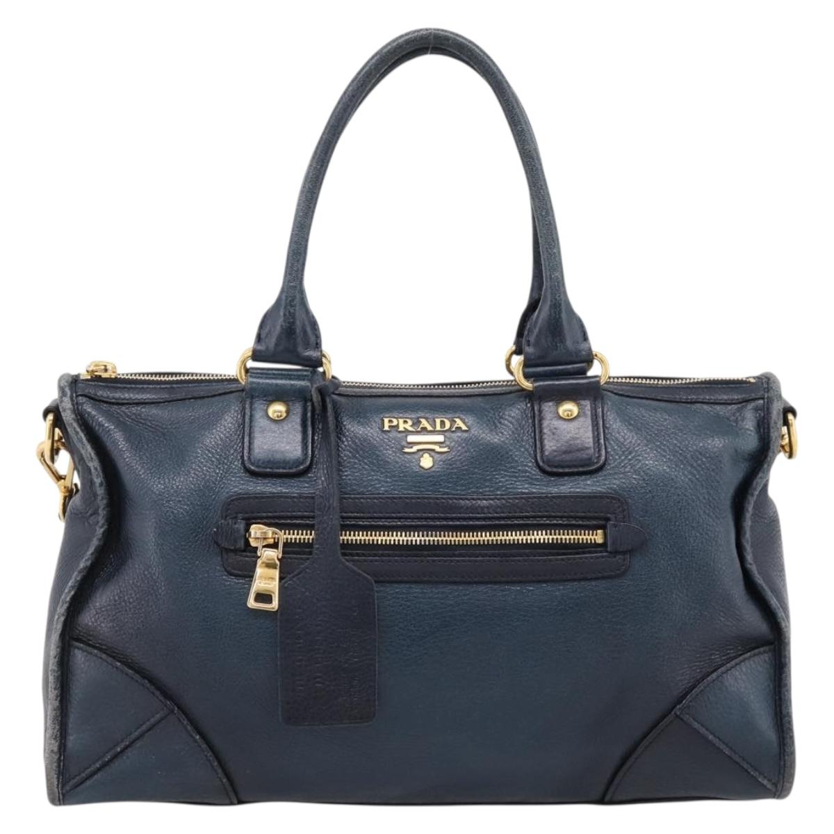 PRADA Hand Bag Vittero Dino Leather 2way Navy Gold Auth 199634A