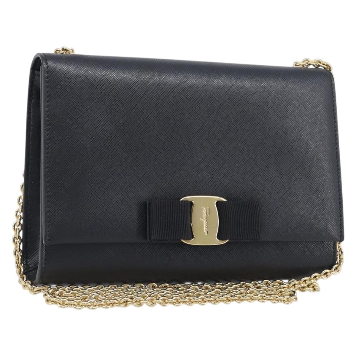 Salvatore Ferragamo Vala Chain Shoulder Bag Leather Black Gold Auth 199639V