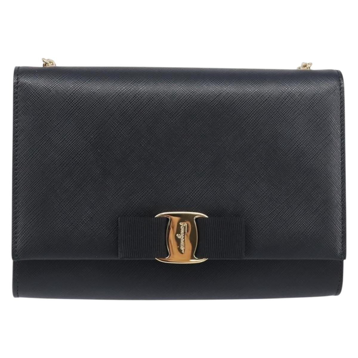 Salvatore Ferragamo Vala Chain Shoulder Bag Leather Black Gold Auth 199639V