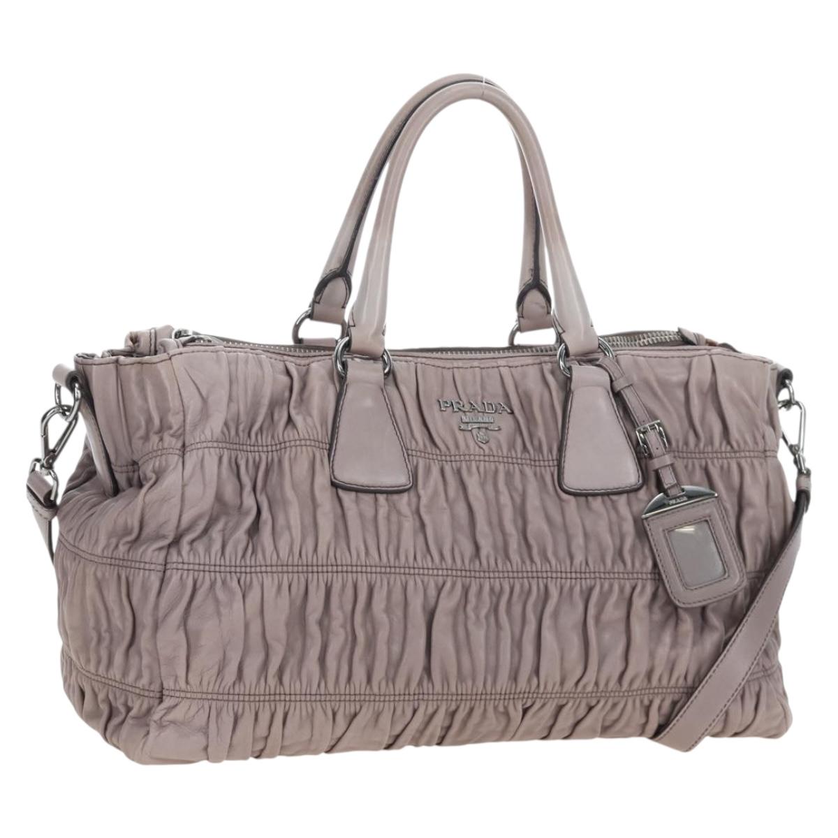 PRADA Gathered Hand Bag Leather 2way Gray Silver Auth 199643V