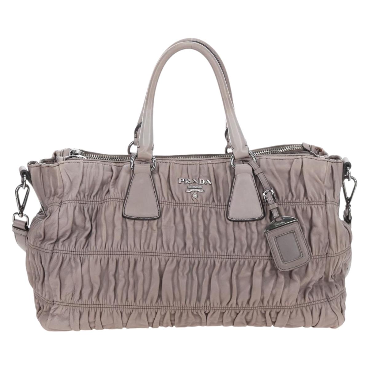 PRADA Gathered Hand Bag Leather 2way Gray Silver Auth 199643V