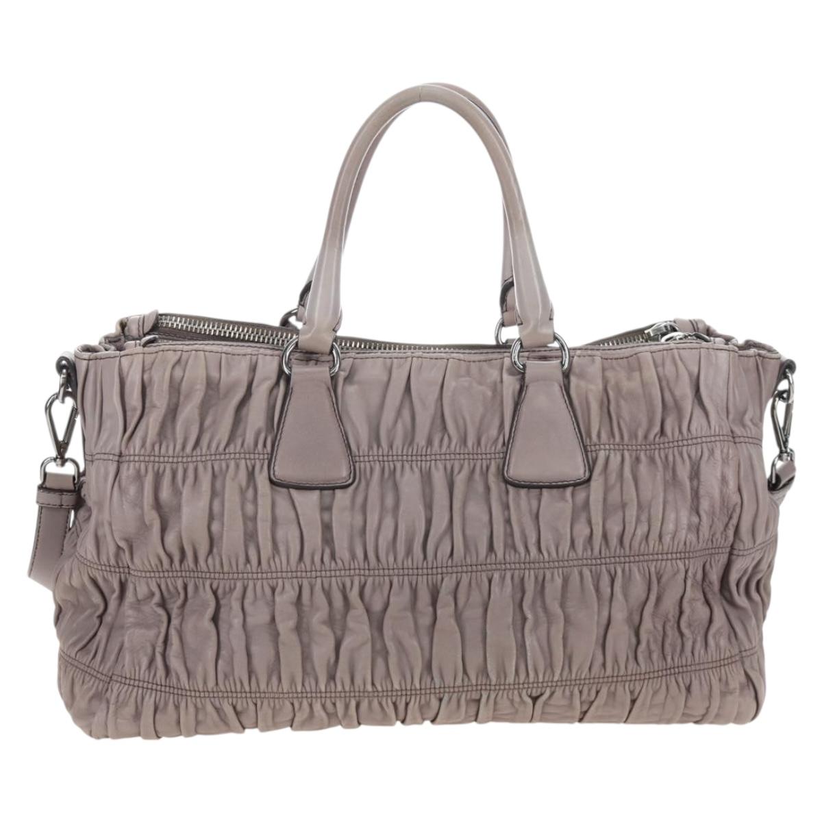 PRADA Gathered Hand Bag Leather 2way Gray Silver Auth 199643V
