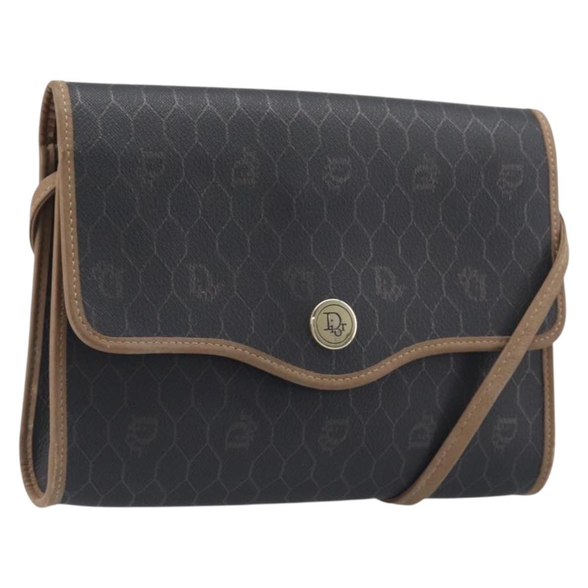 Christian Dior Honeycomb Canvas Shoulder Bag PVC Black Gold Auth 199648