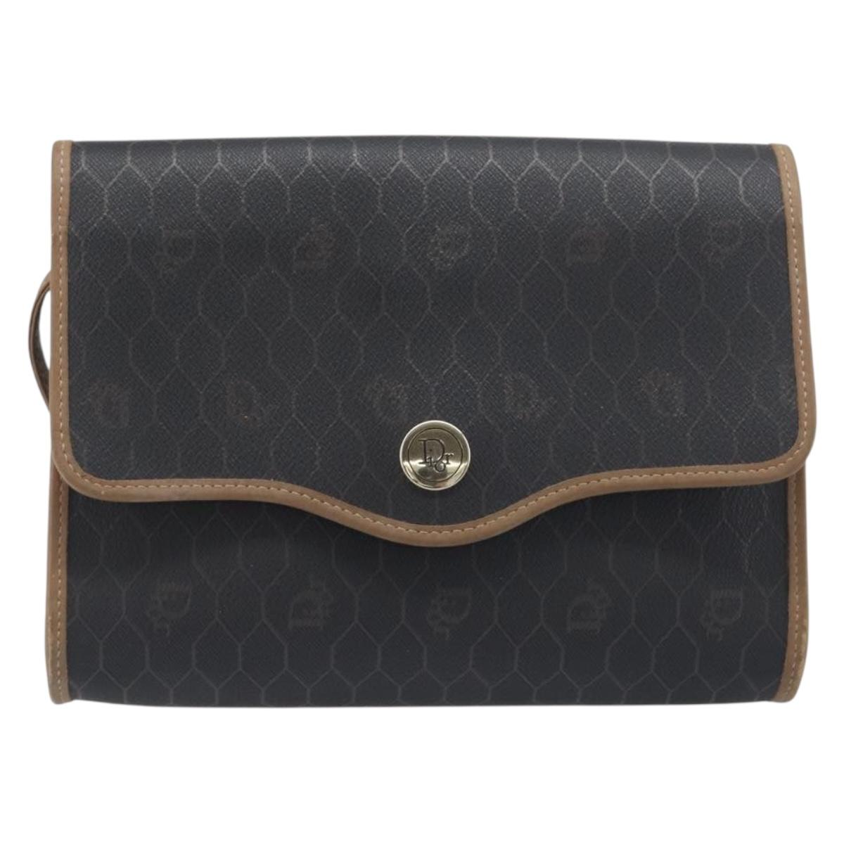 Christian Dior Honeycomb Canvas Shoulder Bag PVC Black Gold Auth 199648