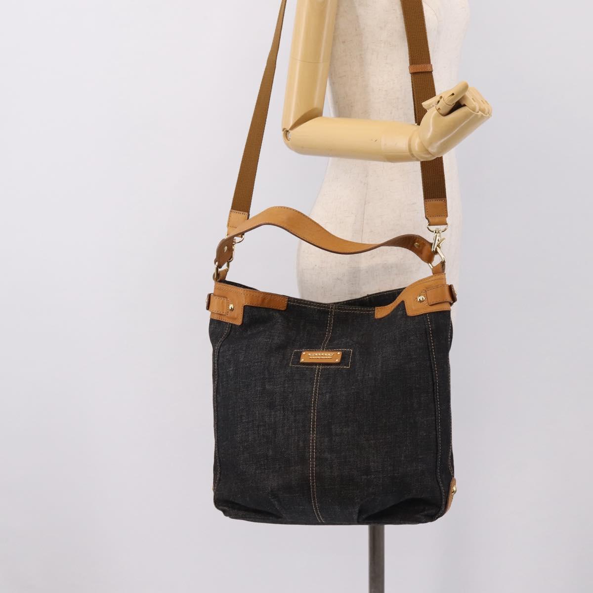 BURBERRY Blue Label Shoulder Bag Denim Navy Gold Auth 199650V