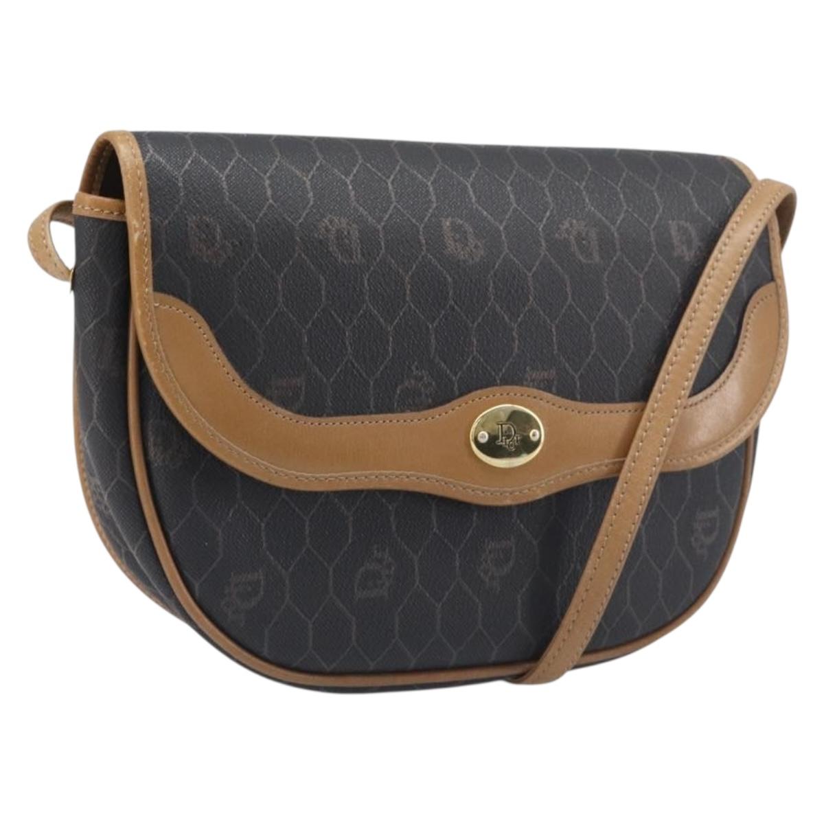 Christian Dior Honeycomb Canvas Shoulder Bag PVC Black Gold Auth 199651