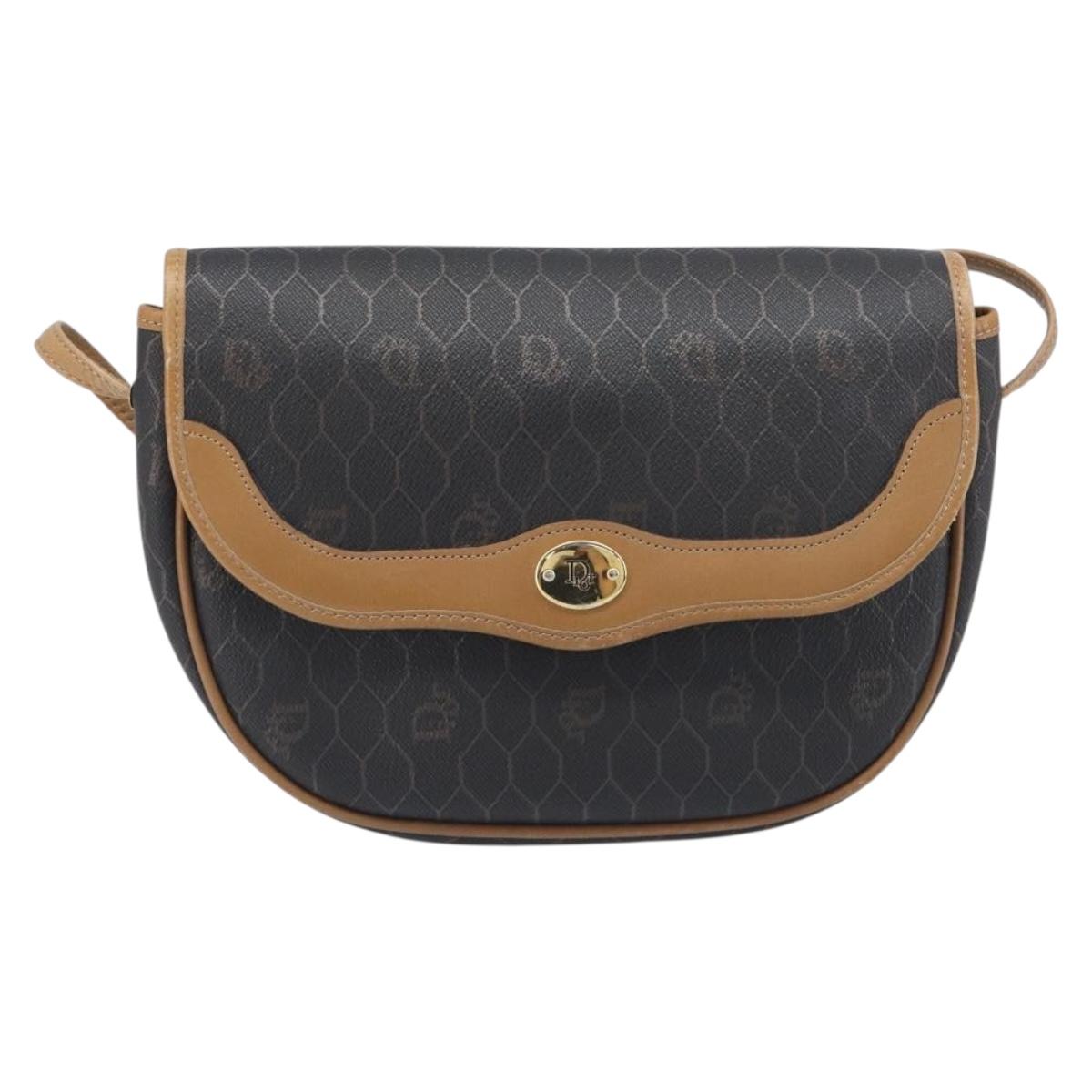 Christian Dior Honeycomb Canvas Shoulder Bag PVC Black Gold Auth 199651