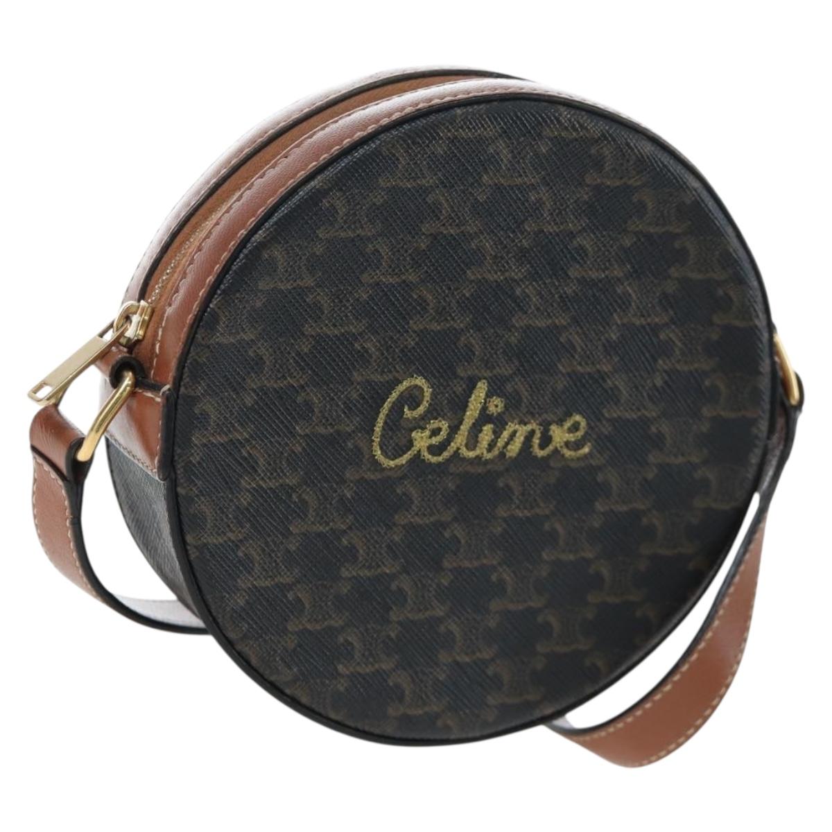 CELINE Triomphe Round Purse Shoulder Bag PVC Black Gold Auth 199654M