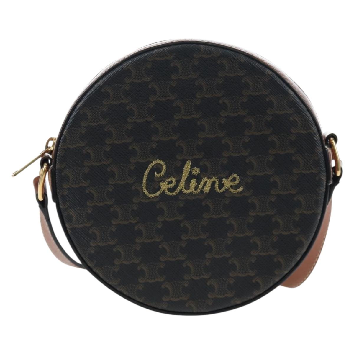 CELINE Triomphe Round Purse Shoulder Bag PVC Black Gold Auth 199654M