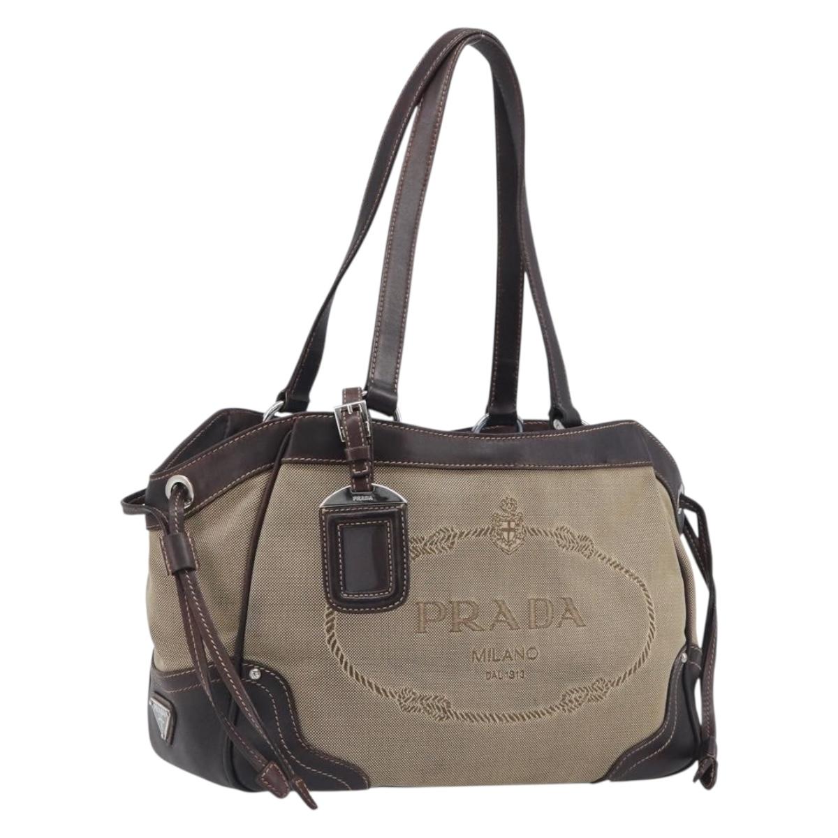 PRADA Tote Bag Canvas Jacquard Beige Silver Auth 199661V
