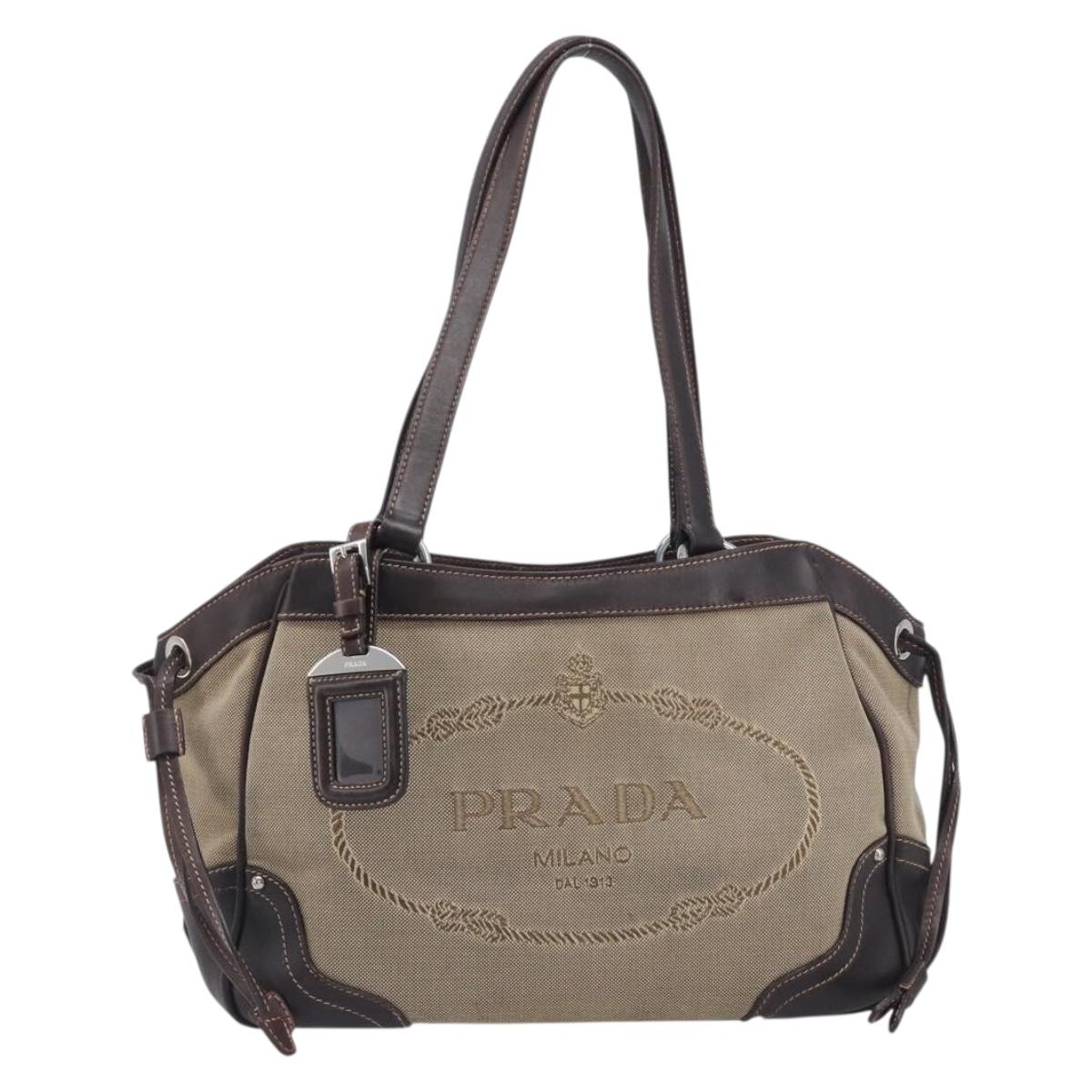 PRADA Tote Bag Canvas Jacquard Beige Silver Auth 199661V