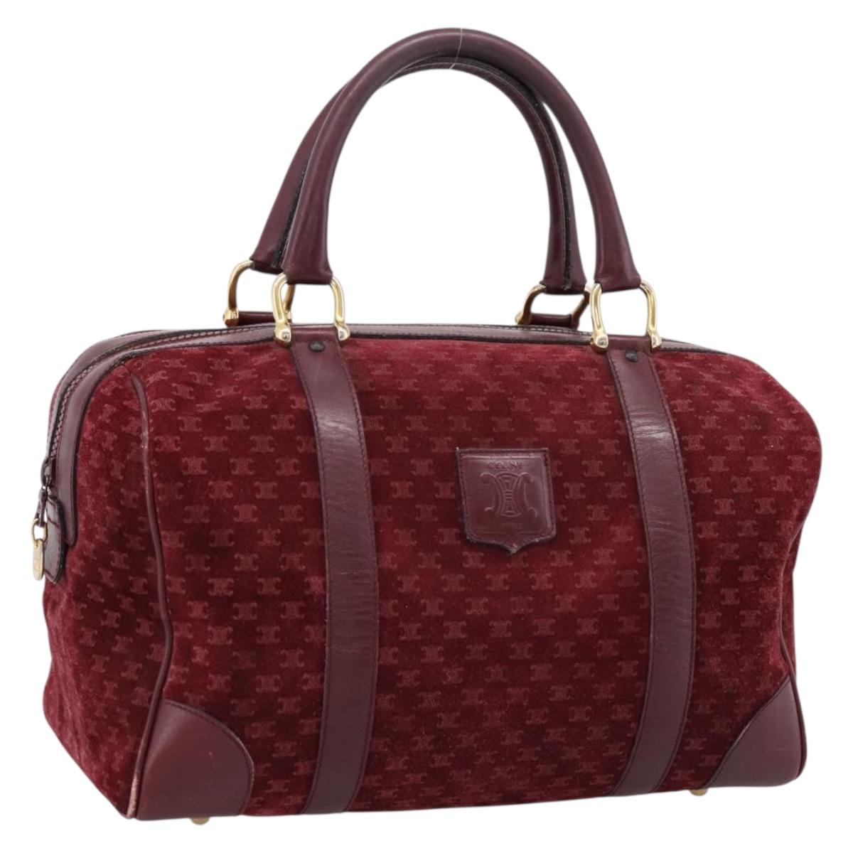 CELINE Macadam Canvas Boston Bag Suede Bordeaux Gold Auth 199667