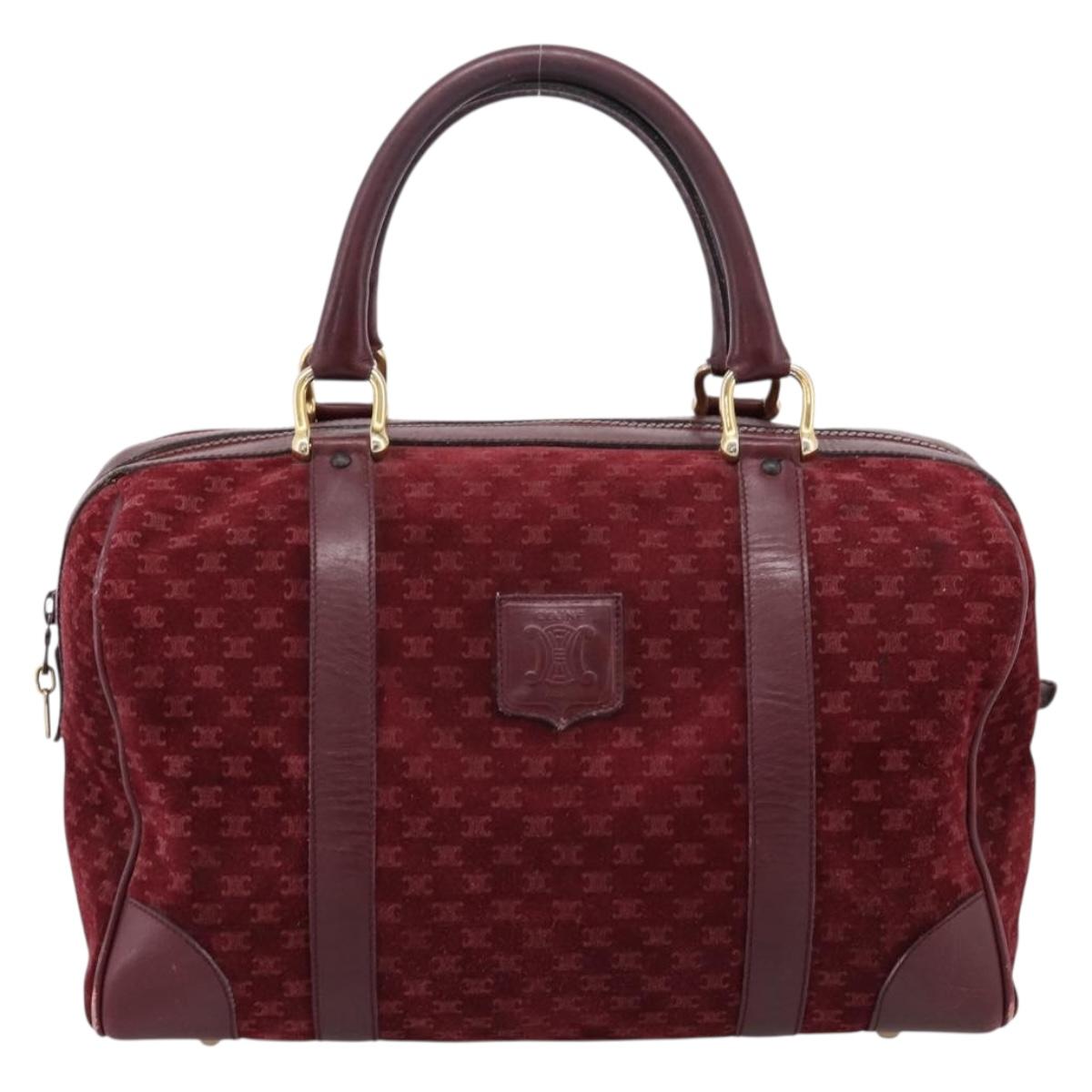 CELINE Macadam Canvas Boston Bag Suede Bordeaux Gold Auth 199667