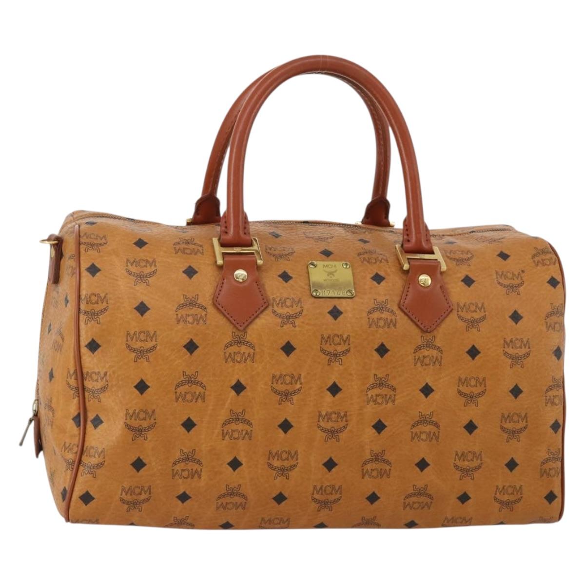 MCM Logogram Vicetos Boston Bag PVC Leather Brown Gold Auth 199670