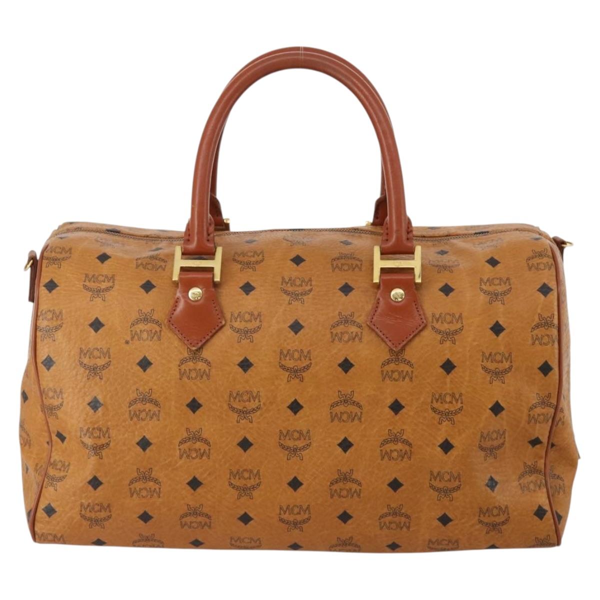 MCM Logogram Vicetos Boston Bag PVC Leather Brown Gold Auth 199670