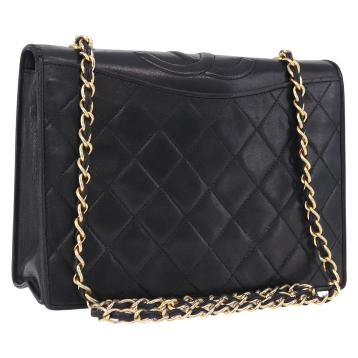 CHANEL Matelasse Chain Shoulder Bag Lamb Skin Black Gold CC Auth 199673V