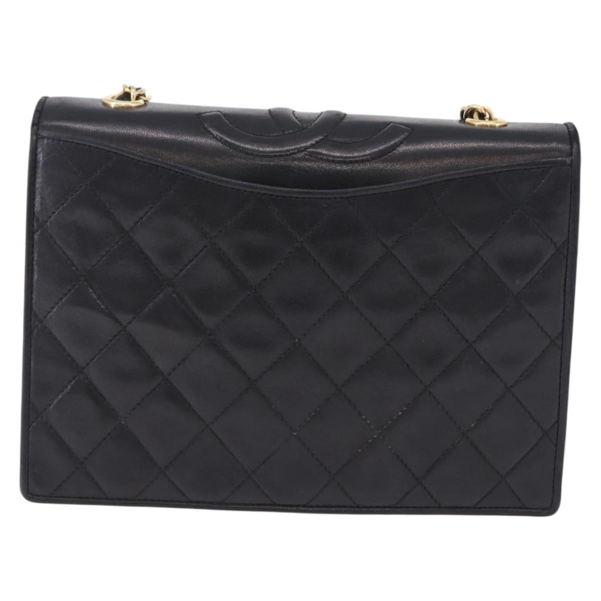 CHANEL Matelasse Chain Shoulder Bag Lamb Skin Black Gold CC Auth 199673V