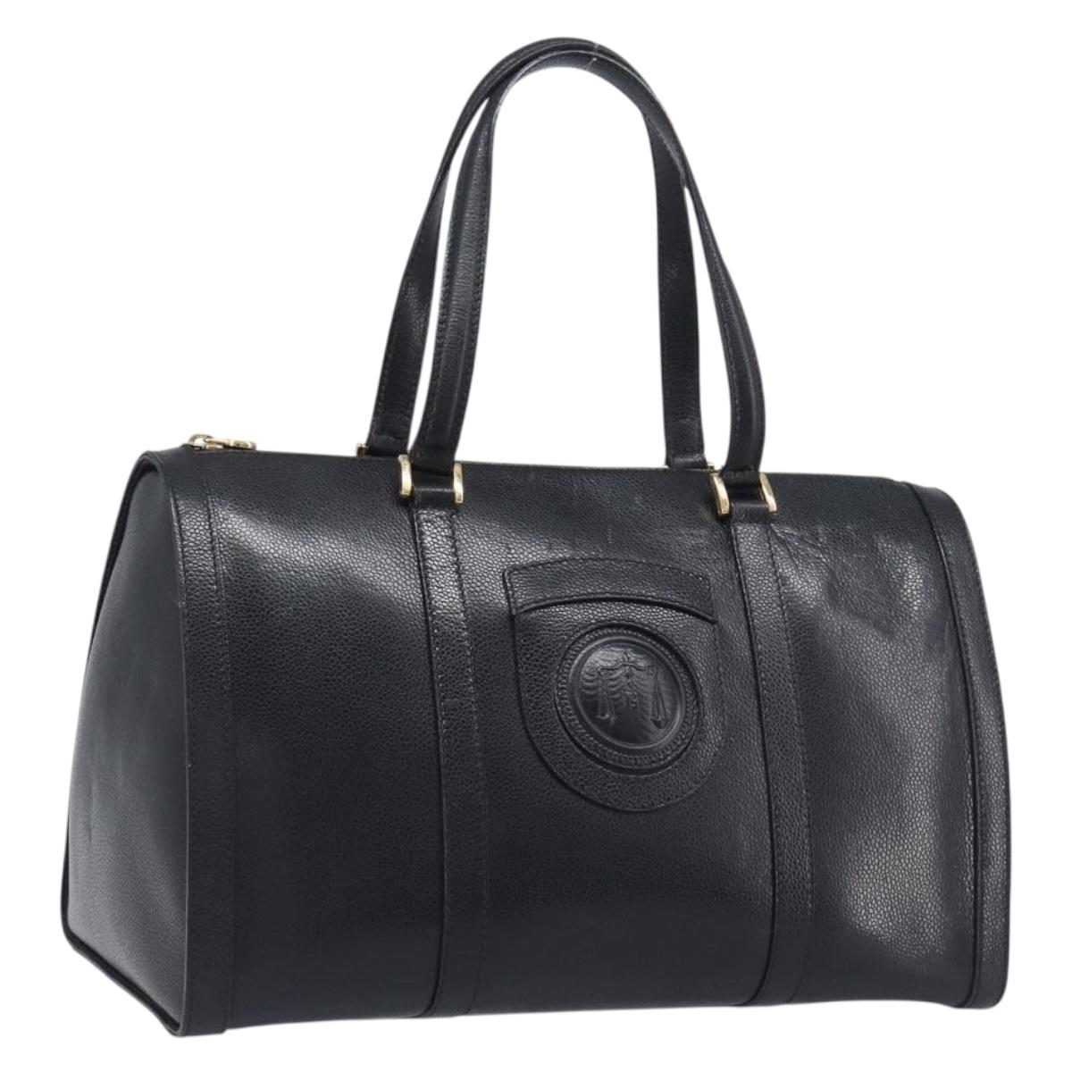 FENDI Boston Bag Leather Black Gold Auth 199674V