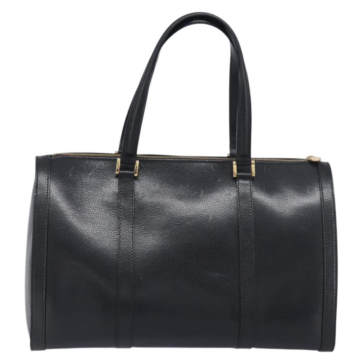 FENDI Boston Bag Leather Black Gold Auth 199674V
