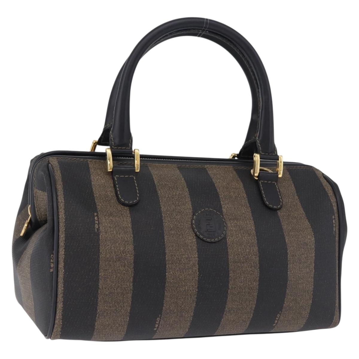 FENDI Pecan Canvas Boston Bag PVC Black Brown gold Auth 199677V