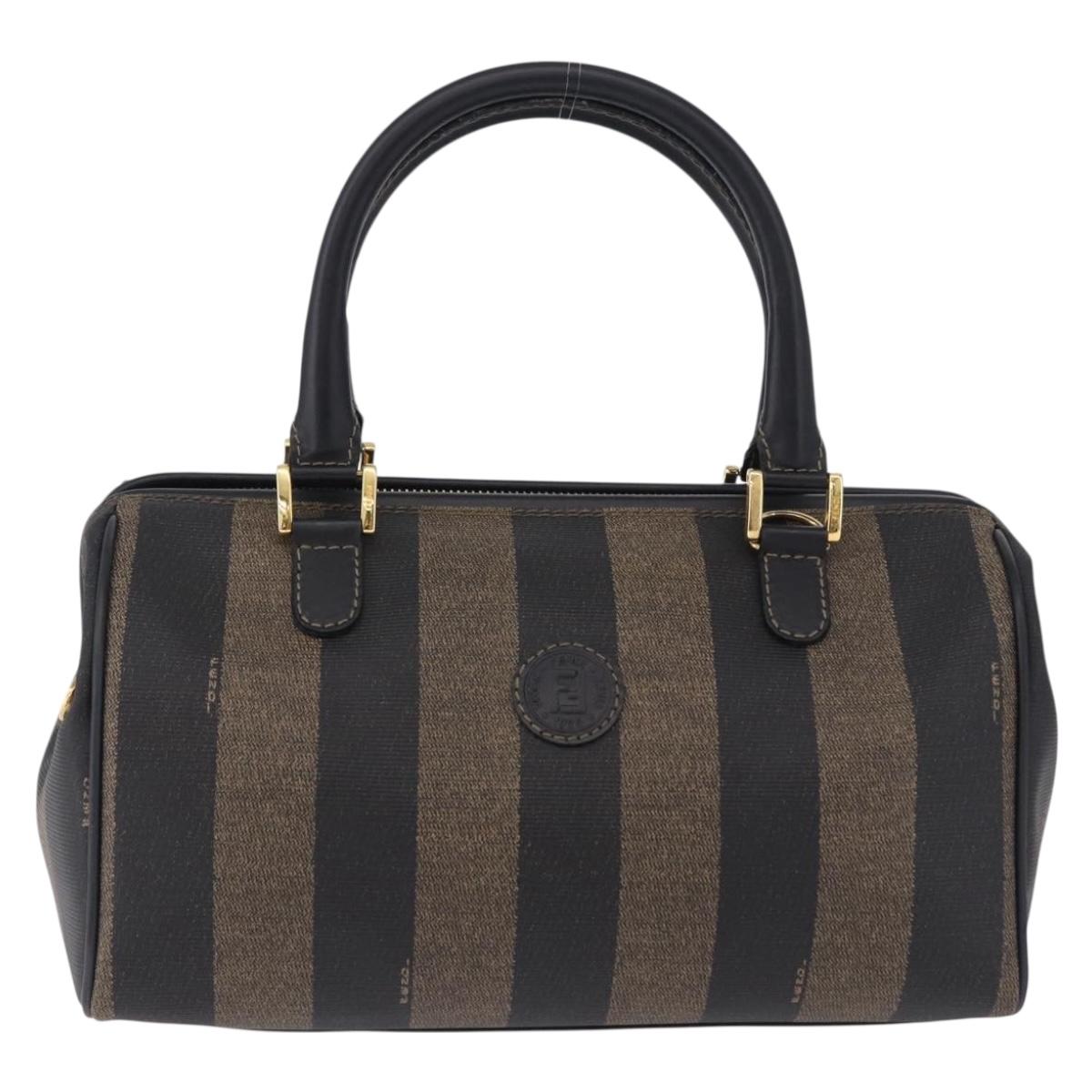 FENDI Pecan Canvas Boston Bag PVC Black Brown gold Auth 199677V