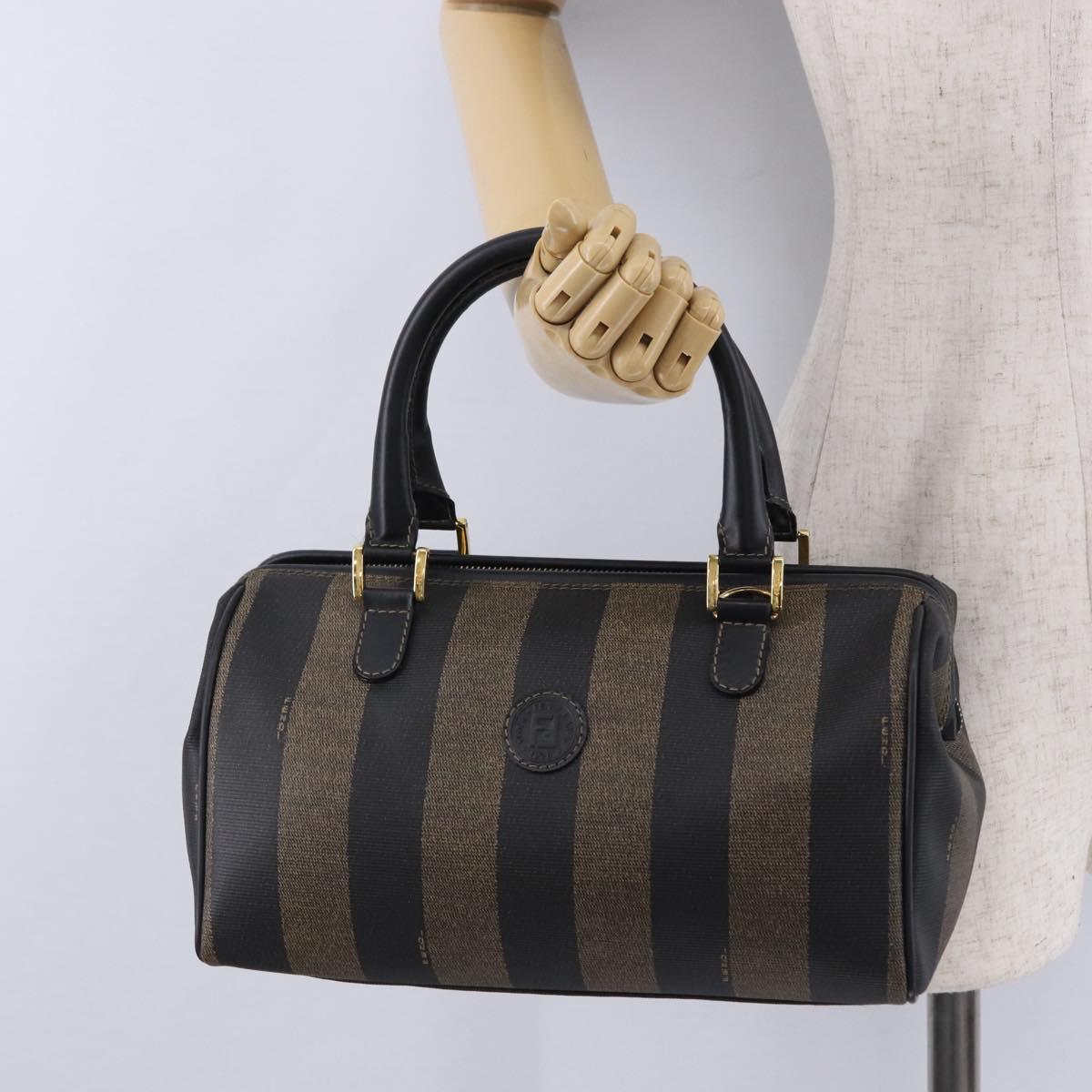 FENDI Pecan Canvas Boston Bag PVC Black Brown gold Auth 199677V