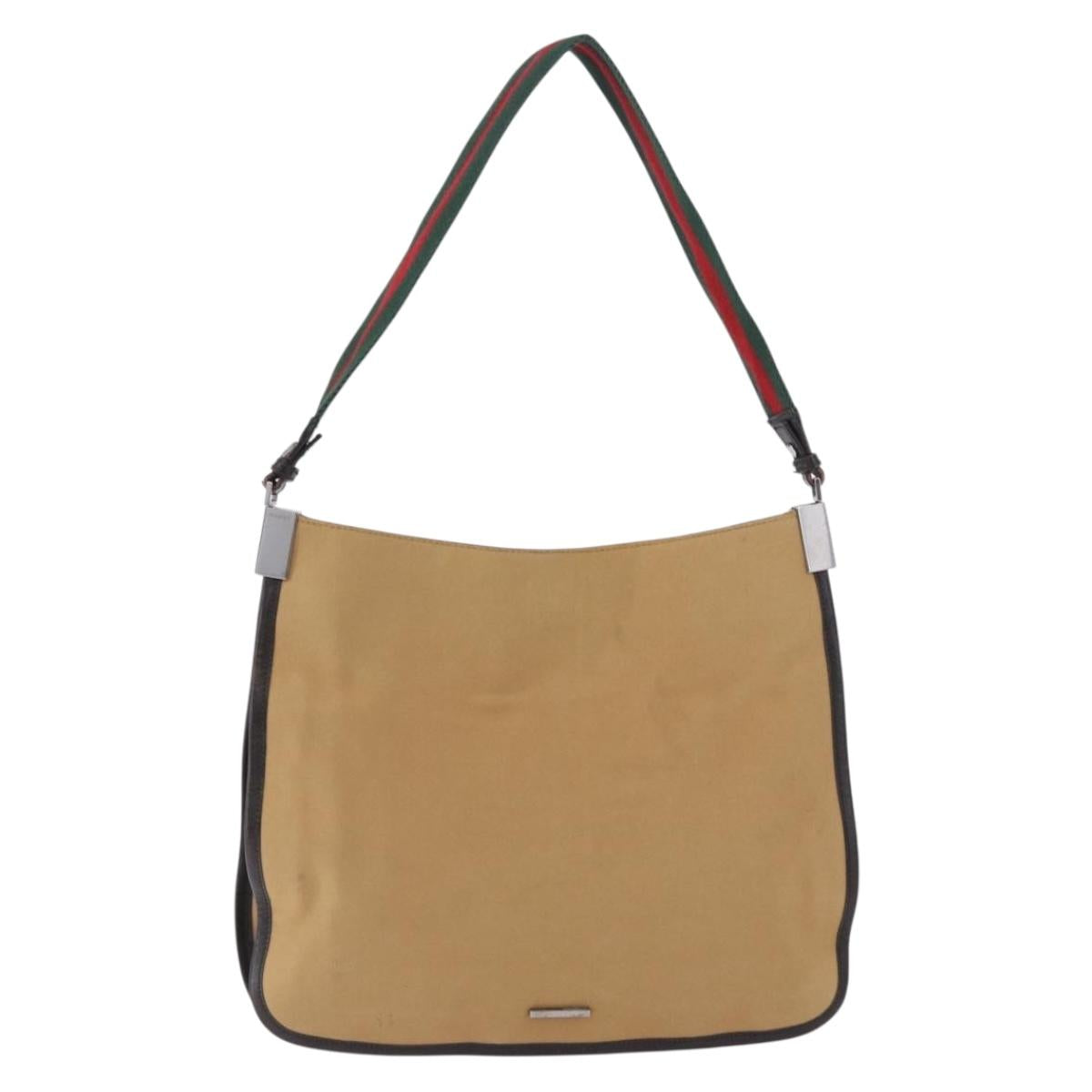 GUCCI Web Sherry Line Shoulder Bag Canvas Beige Silver 001 4321 Auth 199680A