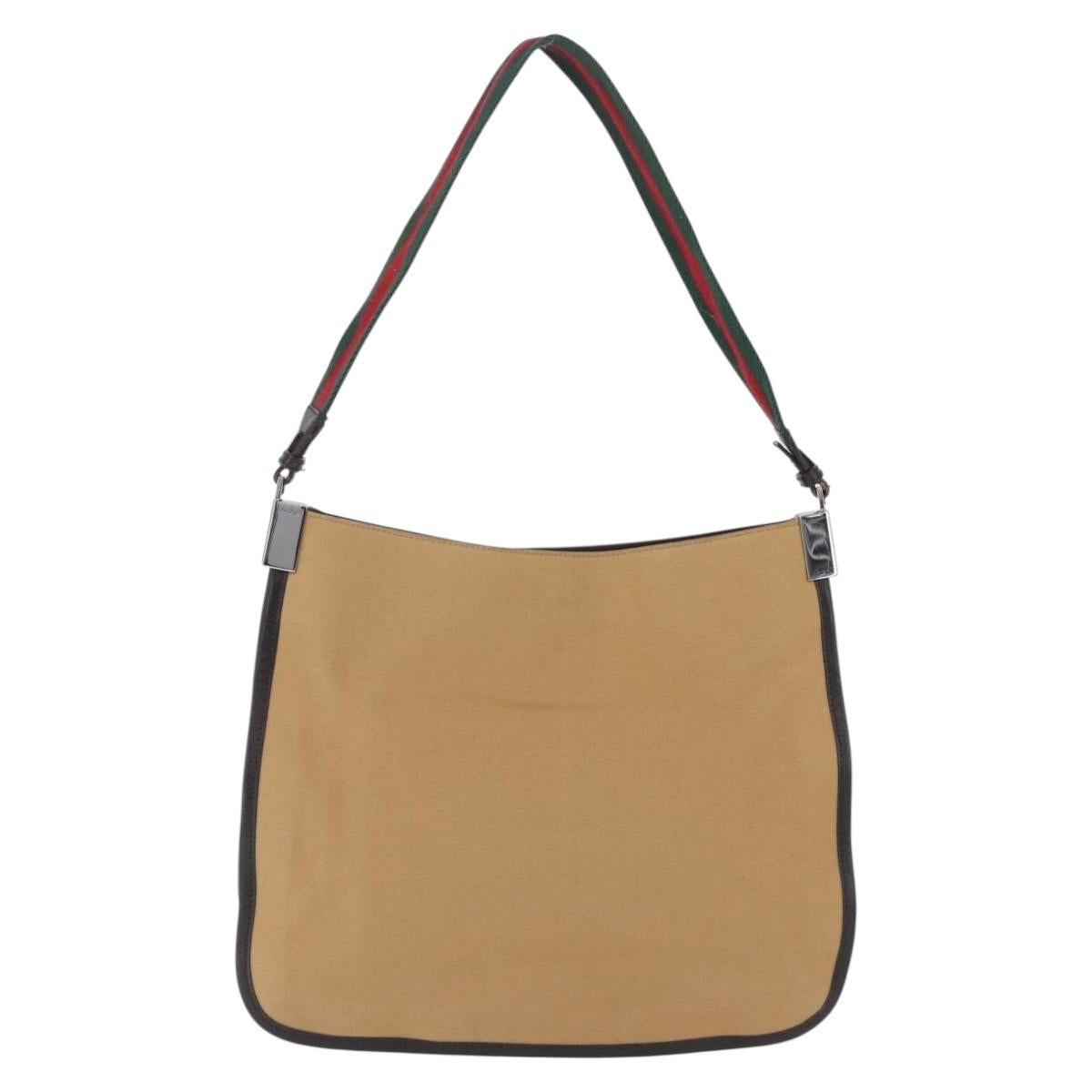 GUCCI Web Sherry Line Shoulder Bag Canvas Beige Silver 001 4321 Auth 199680A