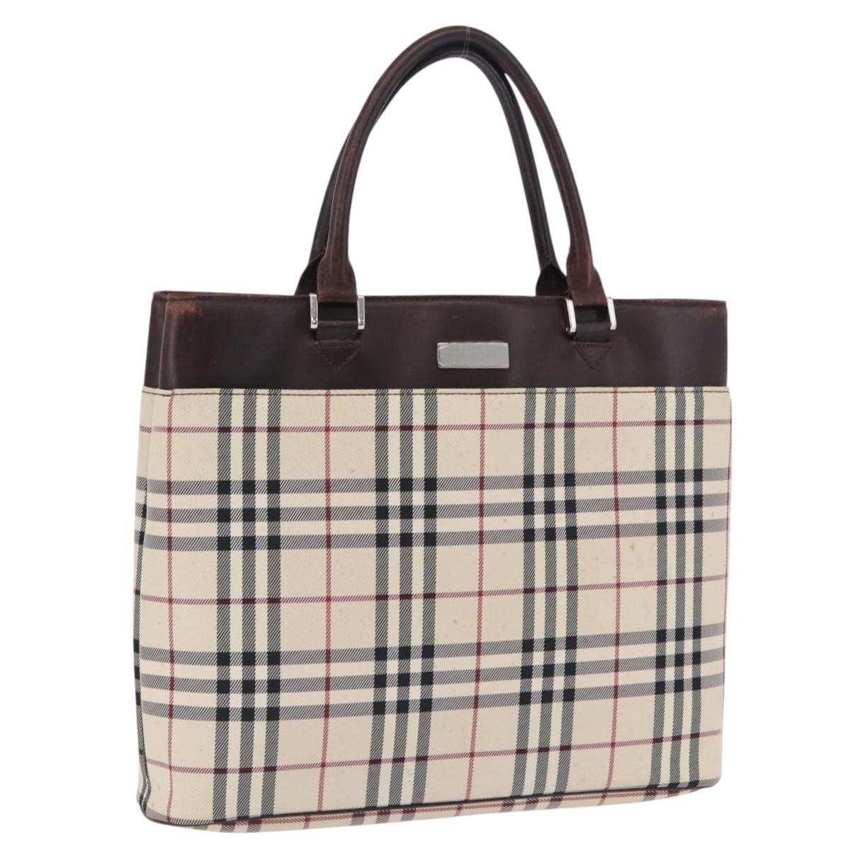 BURBERRY Nova Check Hand Bag Canvas Beige Silver Auth 199684