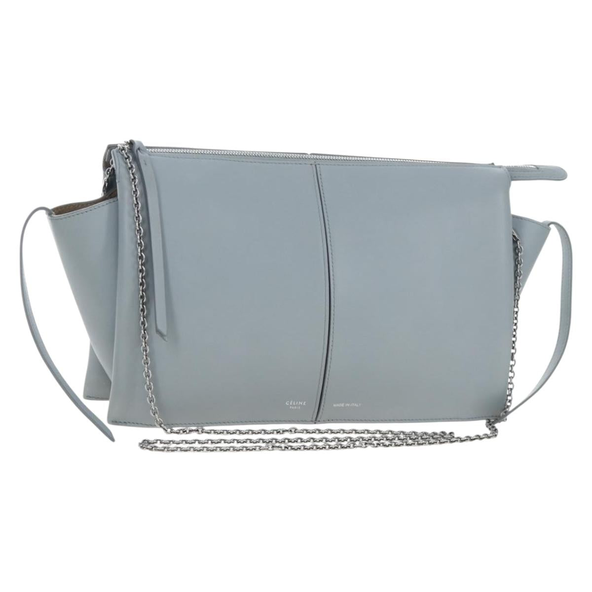CELINE Chain Trillodo Shoulder Bag Leather Light Blue Silver Auth 199685V