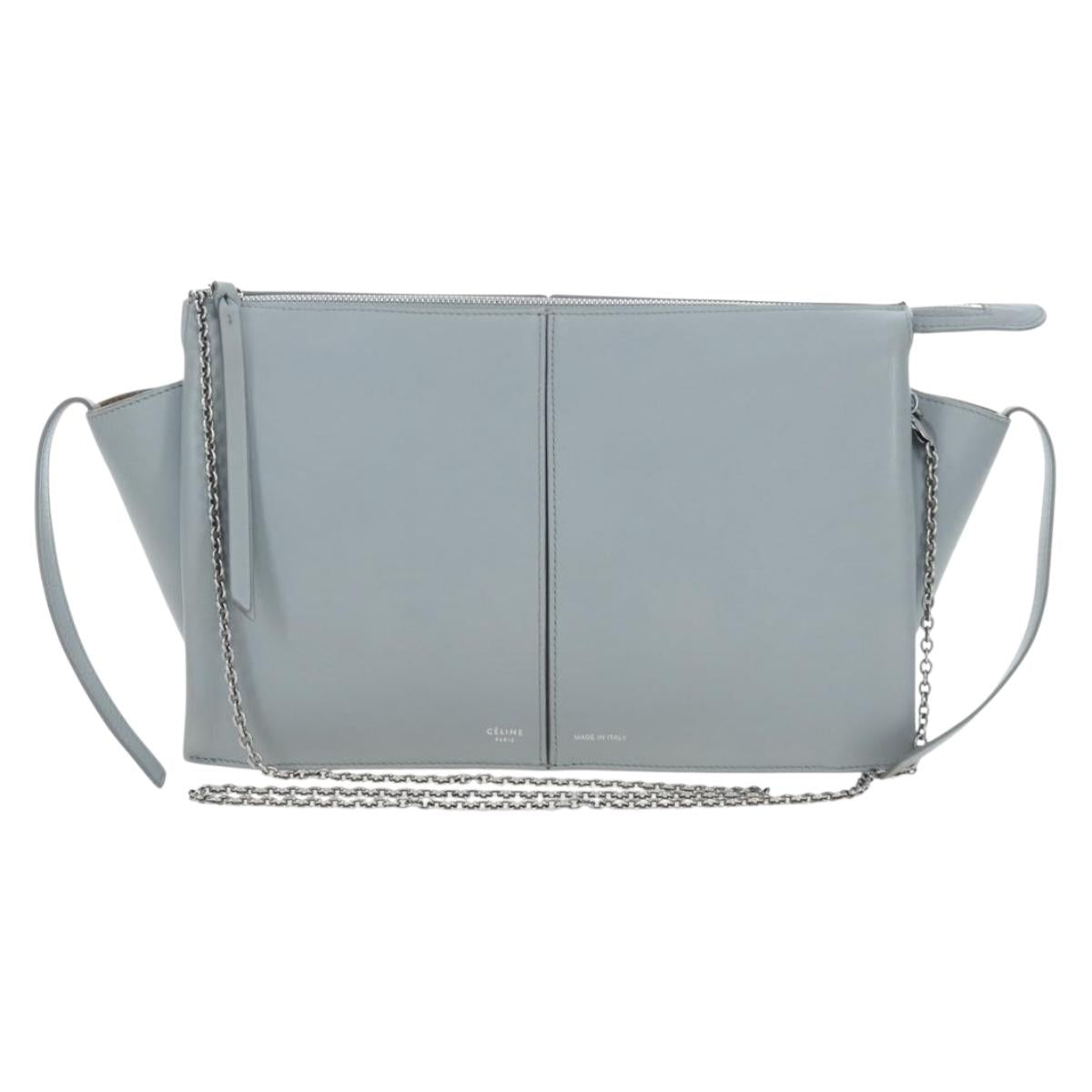 CELINE Chain Trillodo Shoulder Bag Leather Light Blue Silver Auth 199685V